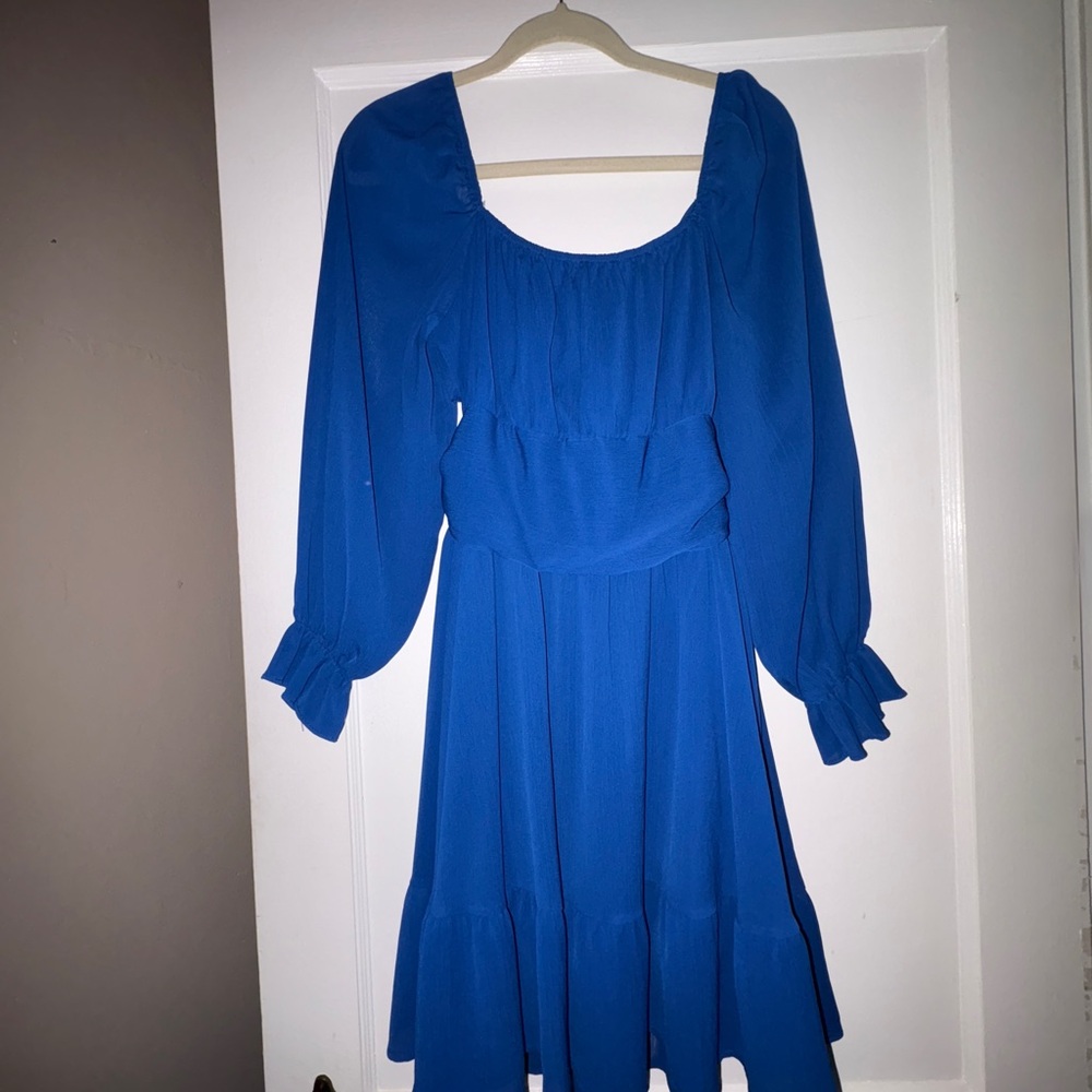 Blue Long Sleeve Dress, Open Mid-Back